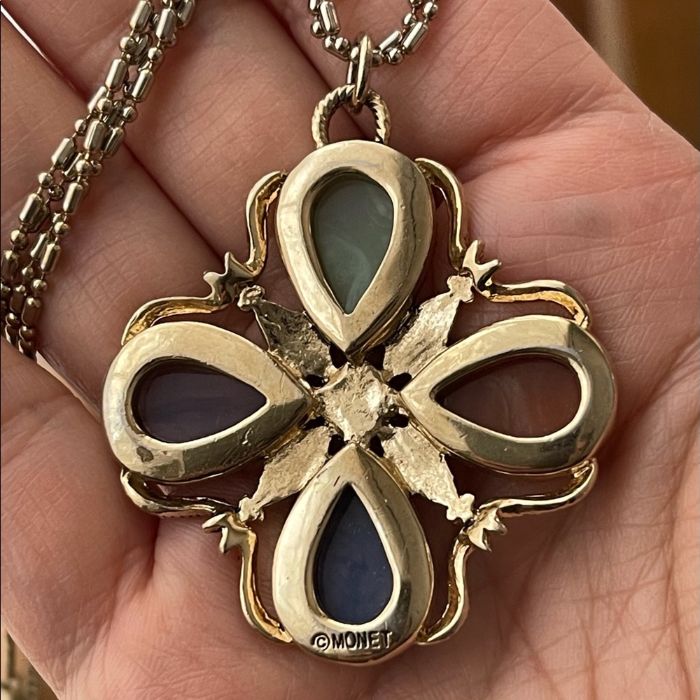 Monet Signed Multi Color Lucite Cross Pendant - image 5